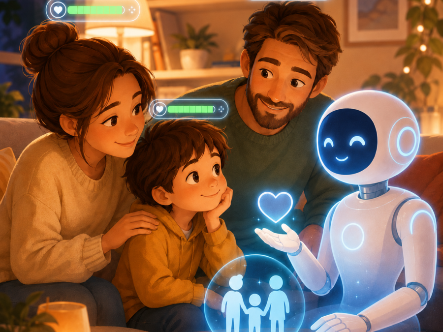 ChatGPT and families gathered around a shared device illustrating generational AI use