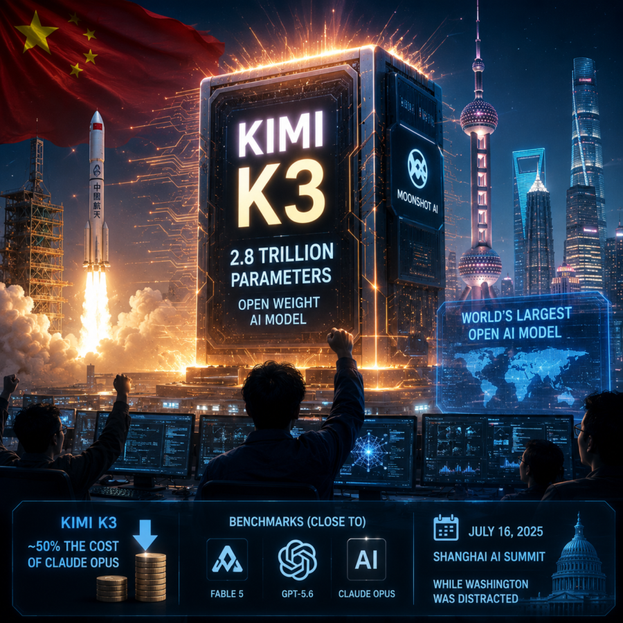 Kimi K3 illustrated as a large open-weight neural network compared in scale to existing AI models