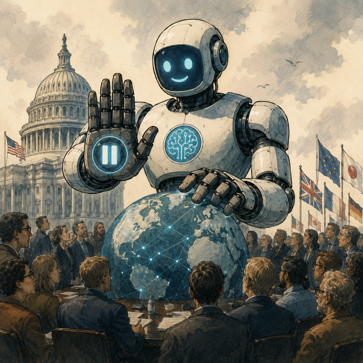 Pacing the Frontier illustration of AI workers and government officials at a table