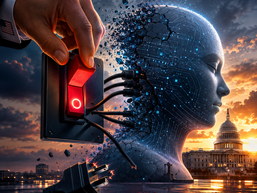 Illustration of a global power switch over a world map representing US AI export control authority