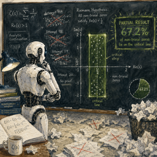 Claude Riemann Hypothesis research illustrated as an AI system explores the zeta function and reaches a verified 67.2 percent lower bound