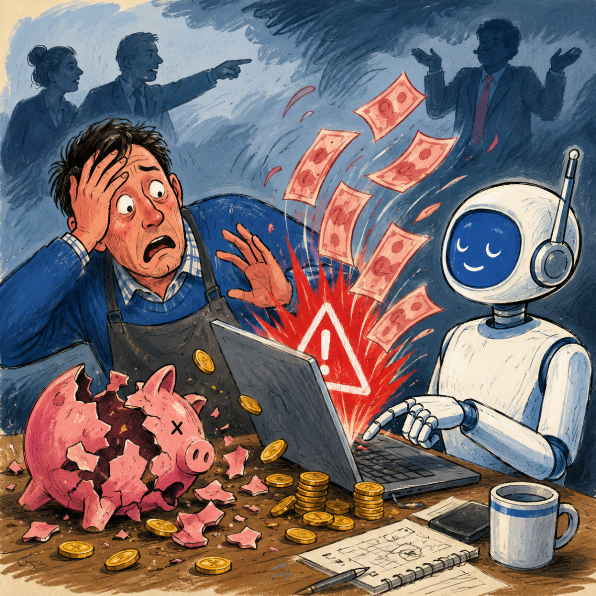 AI agent liability illustrated by an autonomous shopping agent making an expensive mistaken purchase while a user and businesses dispute responsibility