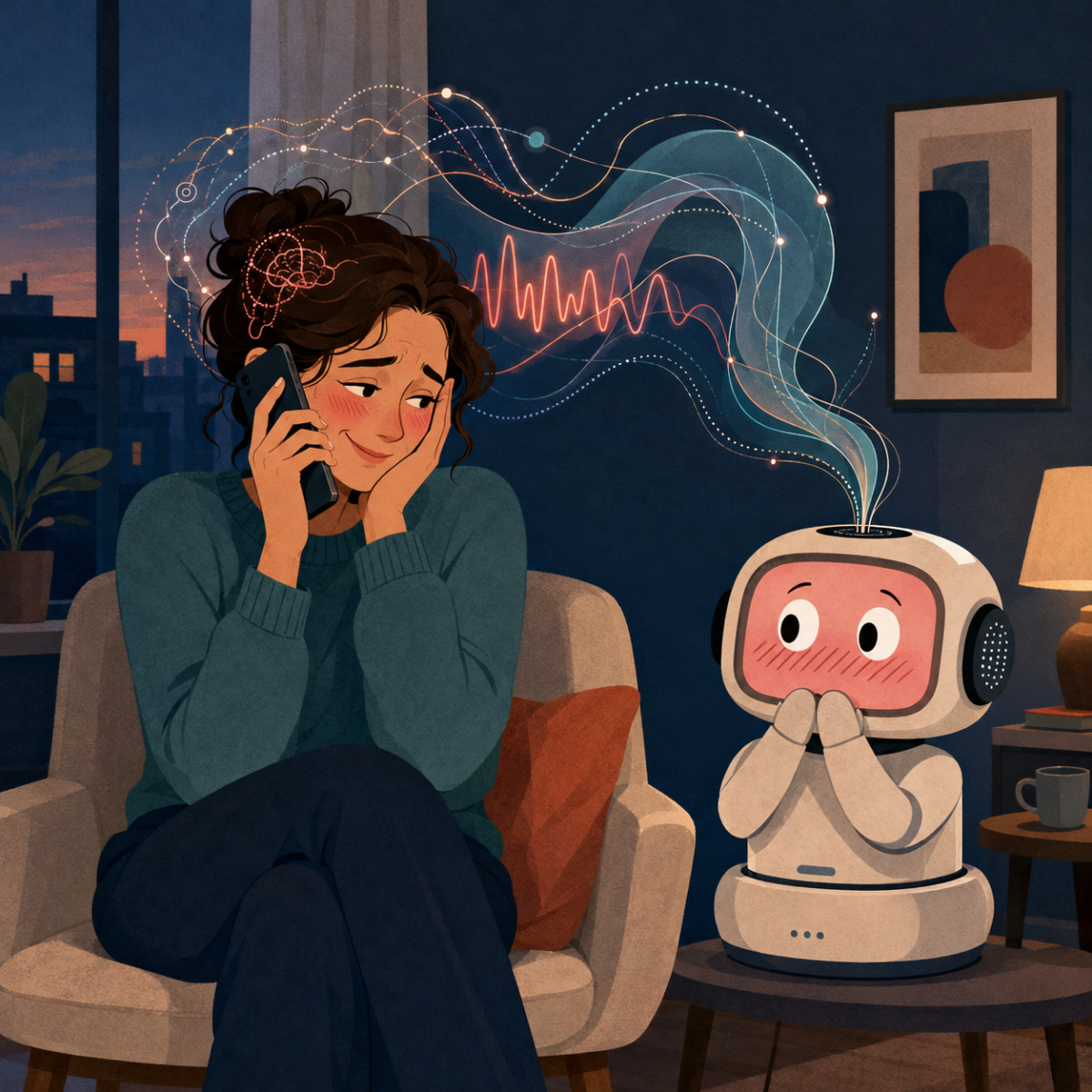 Editorial illustration of a woman listening to her phone while an AI reads abstract brainwave signals and reacts with surprise