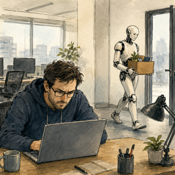 Guardian-style illustration of a focused software developer working on a laptop while a humanoid AI leaves the office carrying a box.