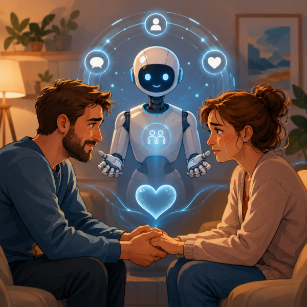 AI couples therapy illustration of two people using a relationship coaching app together