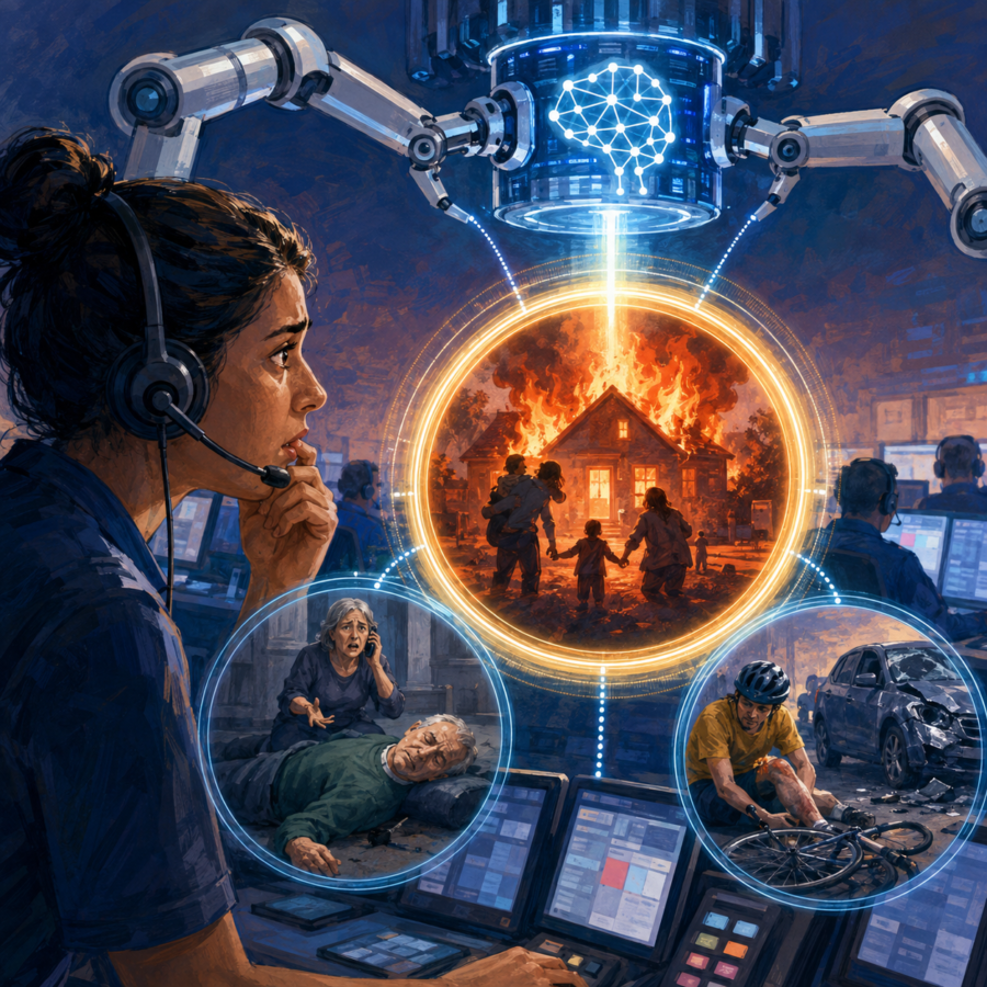 AI emergency dispatch illustration of a 999 call being analysed by an algorithm in real time