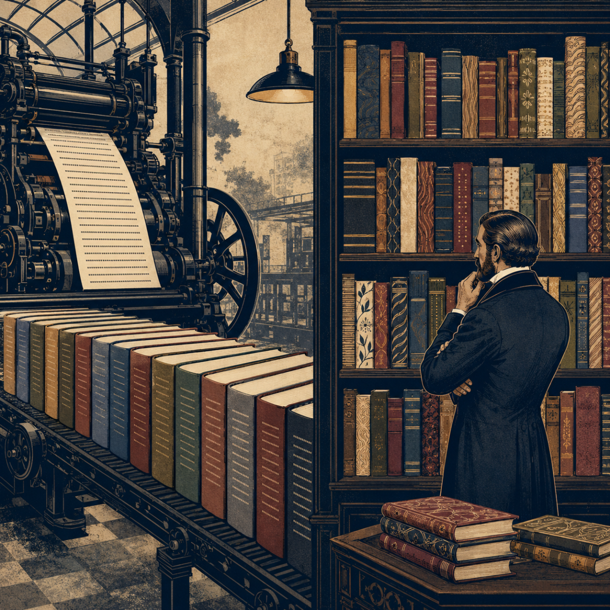 AI generated novels leaving a Victorian printing press with repeated sentence patterns