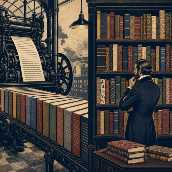 AI generated novels leaving a Victorian printing press with repeated sentence patterns