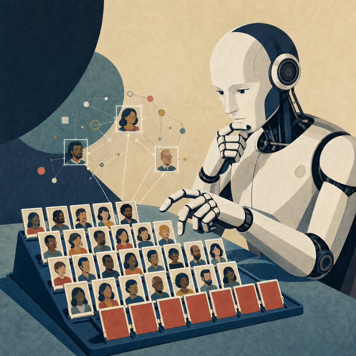 AI studies a Guess Who-style board of diverse faces, using data connections to infer political views.