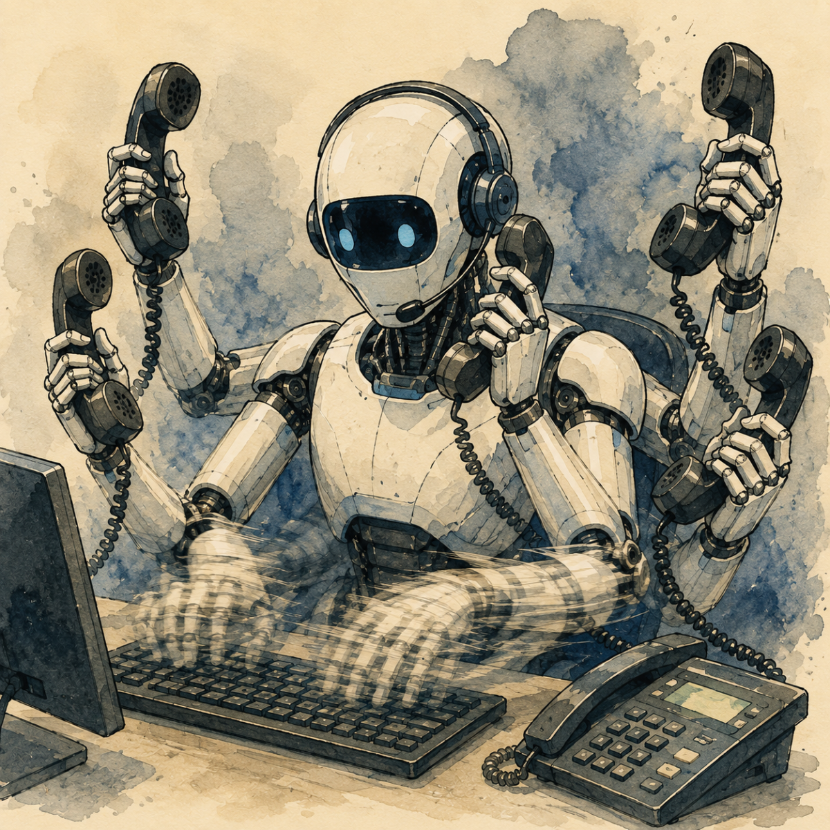 AI in call centers illustration of an agent working alongside an AI assistant interface