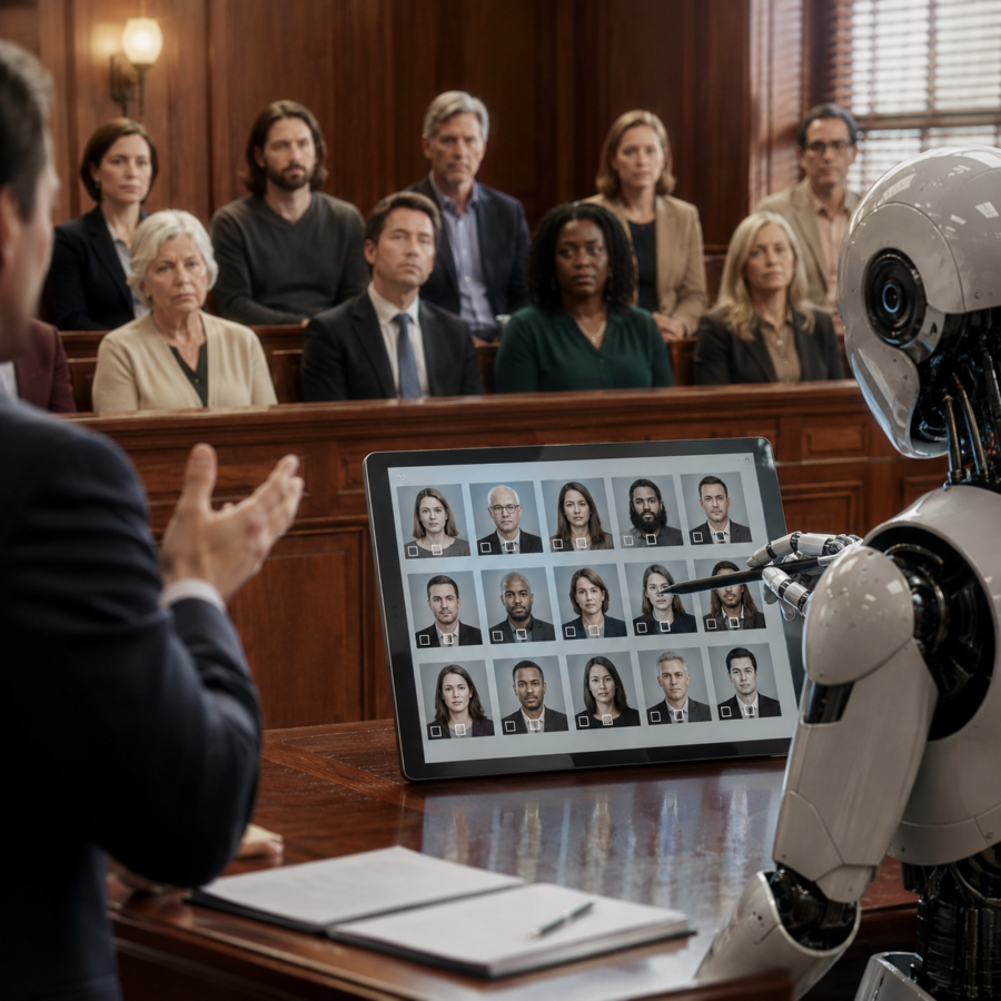 AI jury selection illustration of a courtroom jury box overlaid with data scoring graphics