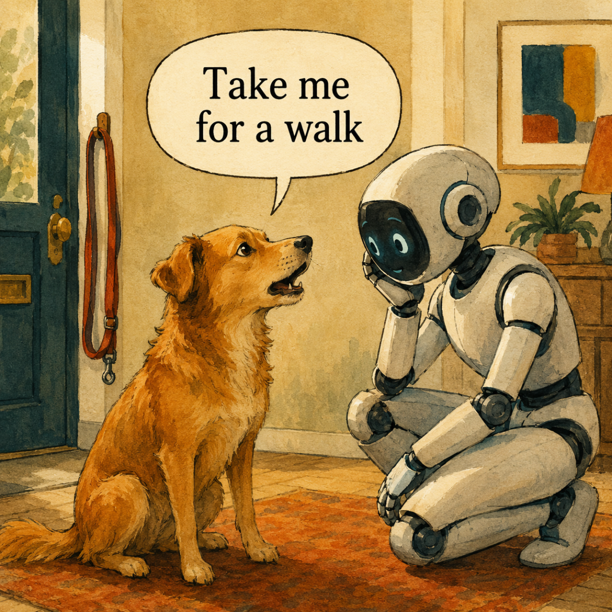 A golden dog looks up at a listening AI robot beside a speech bubble saying “Take me for a walk”.
