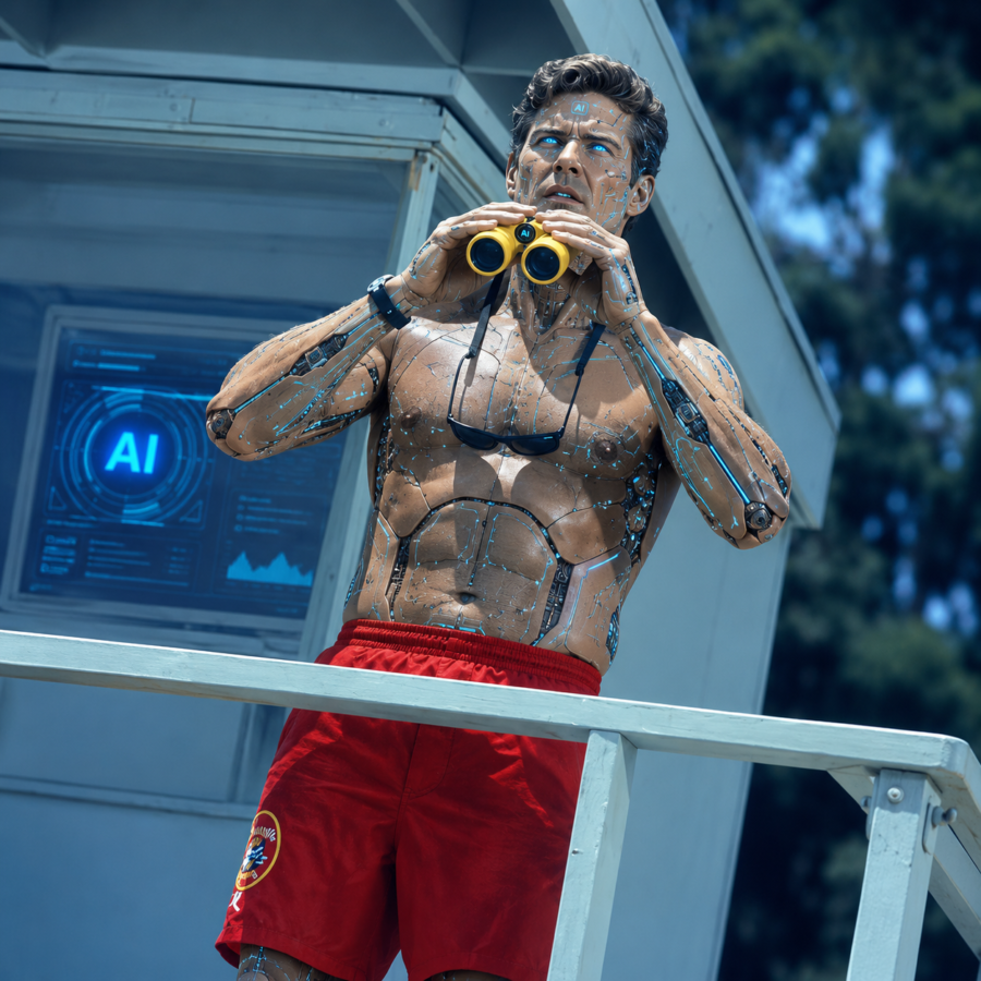 AI lifeguard illustration of a pool monitored by overhead cameras tracking swimmers