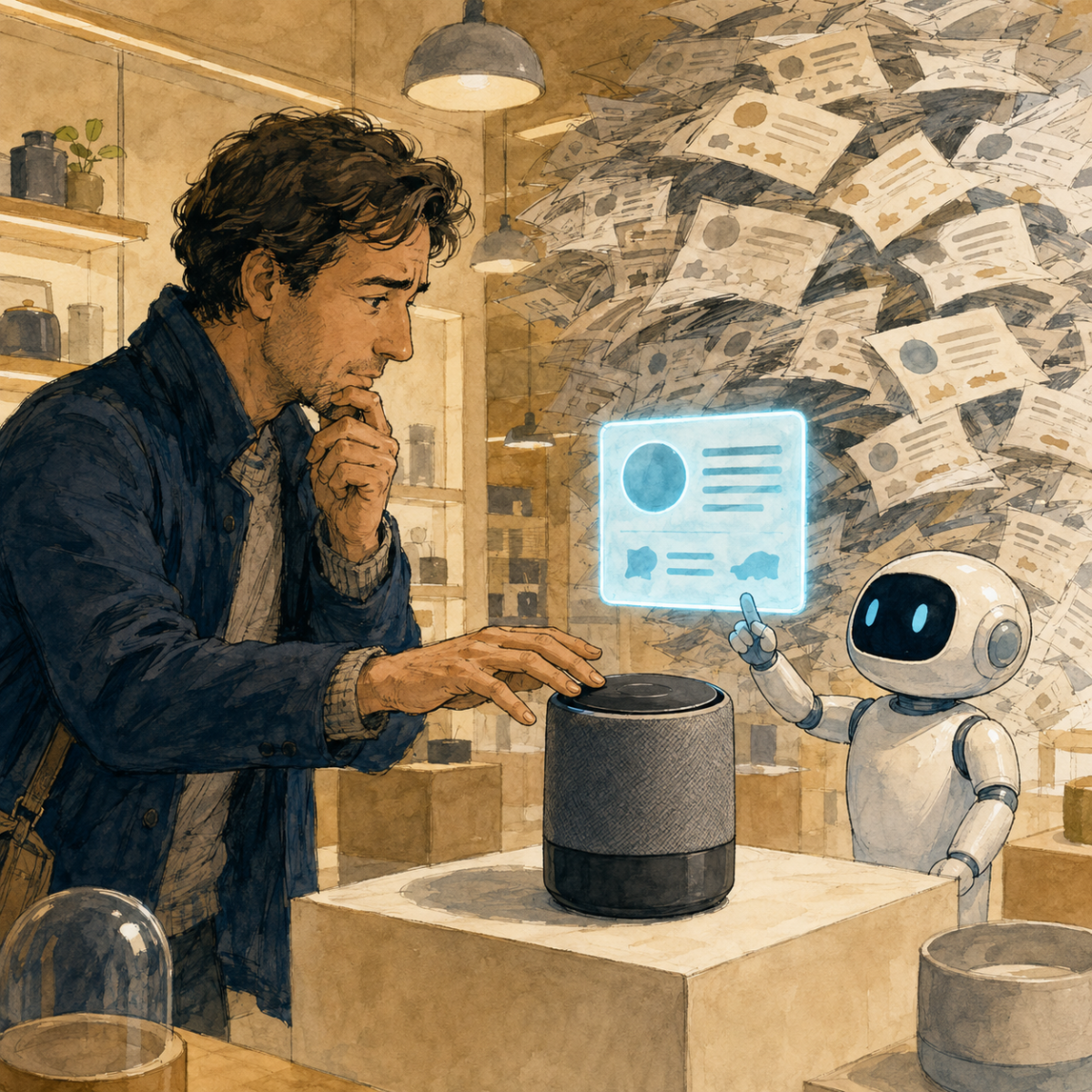 Guardian-style illustration of a shopper considering a smart speaker as a small AI presents a review summary beside a swirl of conflicting reviews.
