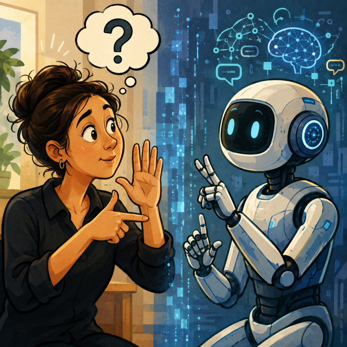 AI sign language interpreters illustration of a hand signing ASL letters tracked by AI
