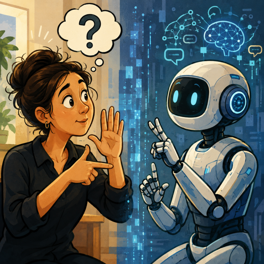 AI sign language interpreters illustration of a hand signing ASL letters tracked by AI