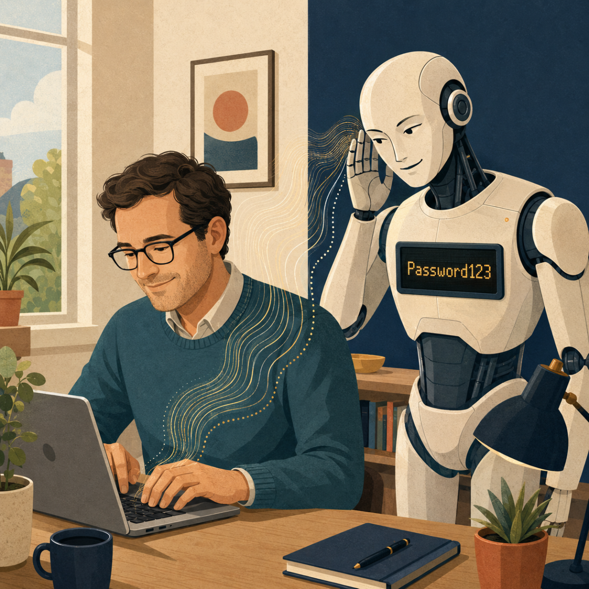 Editorial illustration of a man typing on a laptop while a humanoid AI listens to his keystrokes and displays Password123 on its chest