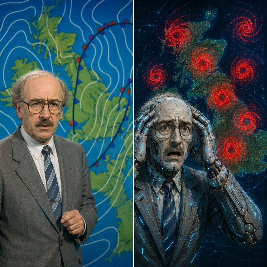 AI weather forecasting illustration of a storm system overlaid with neural network patterns