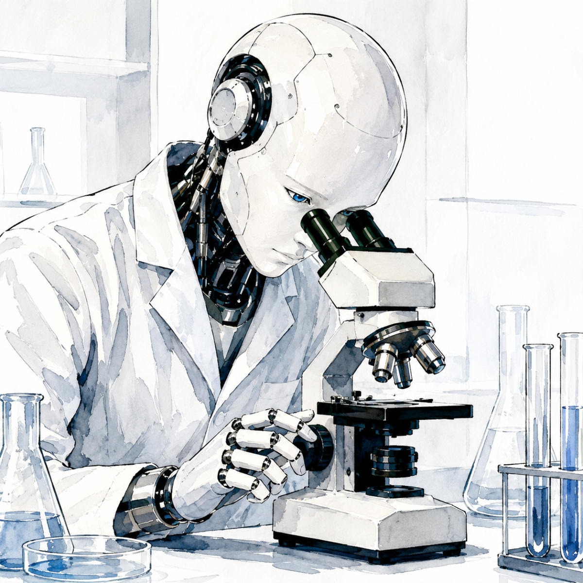 Guardian-style illustration of a humanoid AI in a white lab coat looking through a microscope in a bright laboratory.