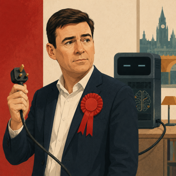 Andy Burnham holding an unplugged power lead beside a powered-down AI machine, symbolising a kill switch for autonomous AI agents.