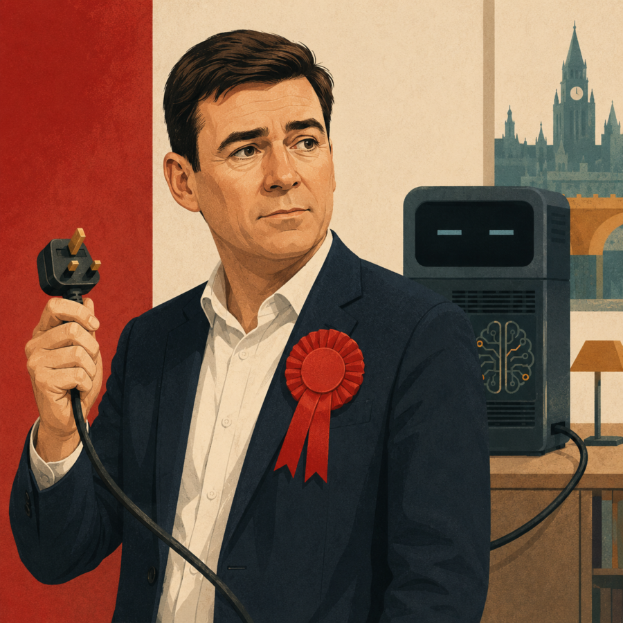 Andy Burnham holding an unplugged power lead beside a powered-down AI machine, symbolising a kill switch for autonomous AI agents.