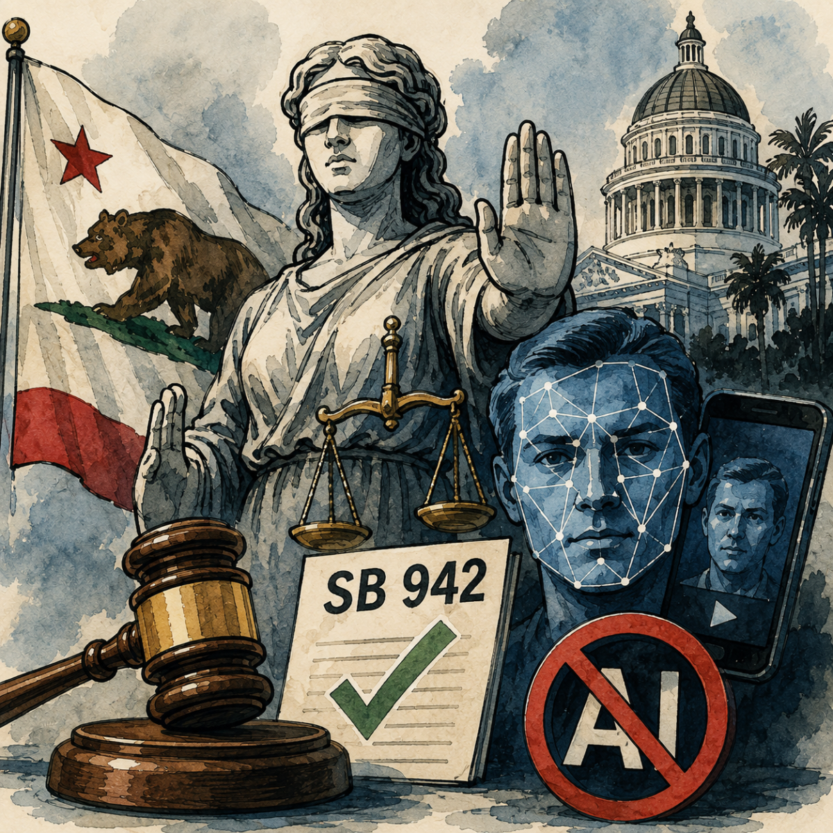 California AI deepfake law illustration of a watermark stamp over an AI generated video