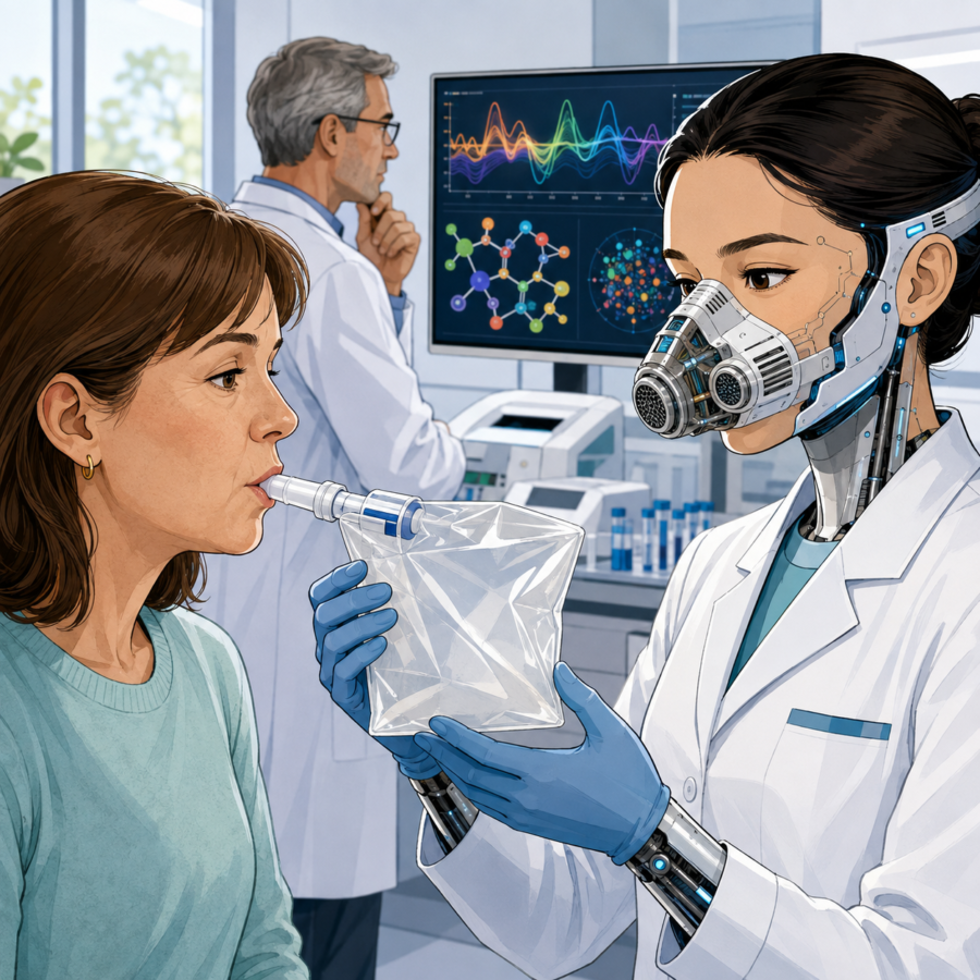 Electronic nose cancer detection illustration of a sensor device analysing exhaled breath