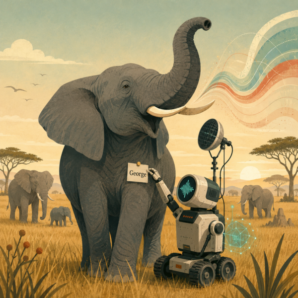 Editorial illustration of an AI robot listening to an elephant on the African savannah, with a badge reading George