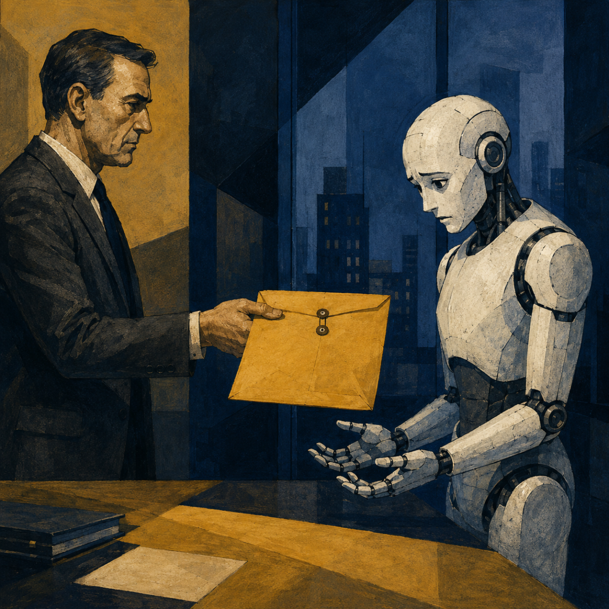 A process server hands a legal summons to a distressed humanoid AI robot in a corporate office.