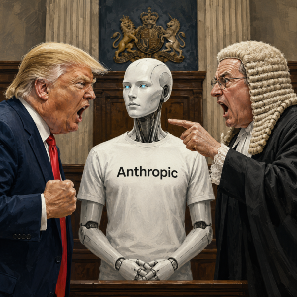 Editorial illustration of Donald Trump shouting at a judge as an AI wearing an Anthropic T-shirt stands between them in a courtroom.