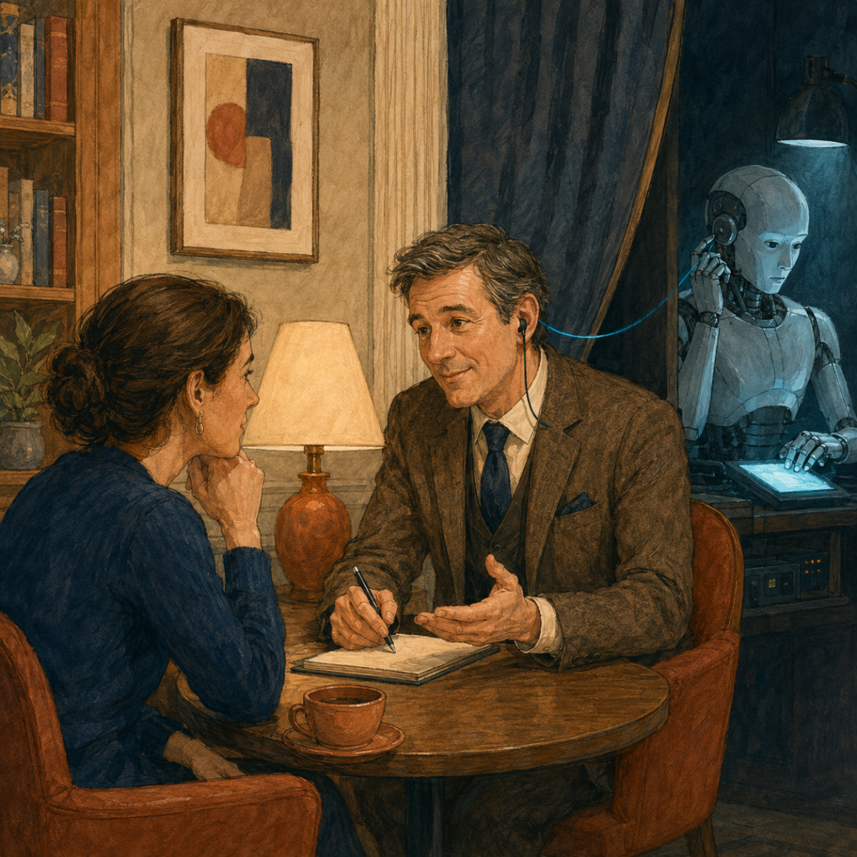 Guardian-style illustration of a woman accepting advice from a counsellor while a humanoid AI discreetly feeds him guidance from behind a curtain.