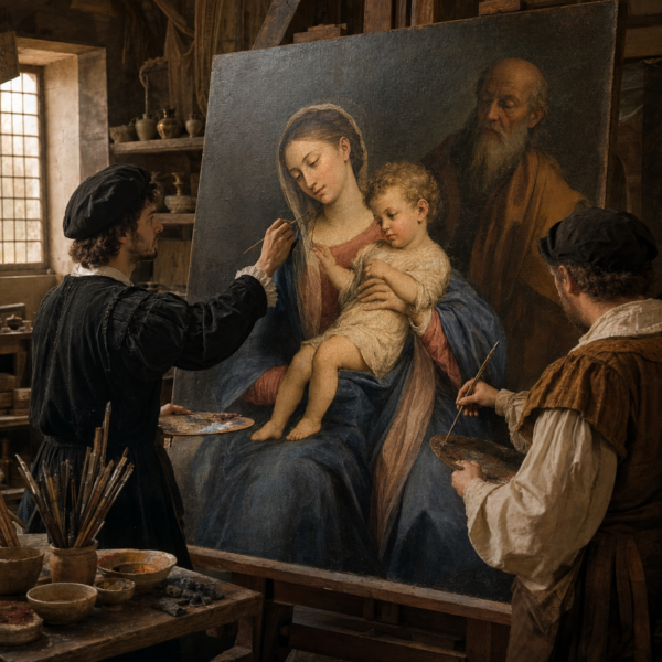 Two Renaissance artists work on a Madonna and Child painting in an Italian studio, illustrating AI evidence of a hidden second hand in a Raphael work.