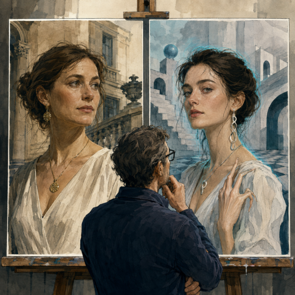 Guardian-style illustration of a person comparing two near-identical portraits, one human and one subtly AI-generated, for signs beyond the face.