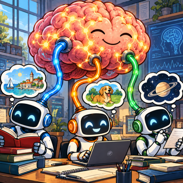 Three AI agents connected to a giant brain, each recalling different information through a brain-inspired memory system.