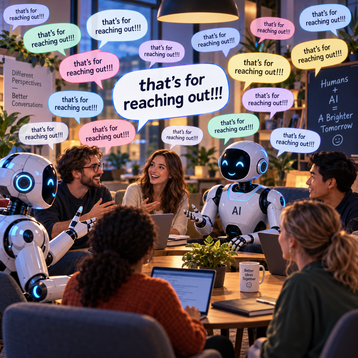 Human colleagues and AI agents talking together as repeated speech bubbles show shared language spreading through the group.