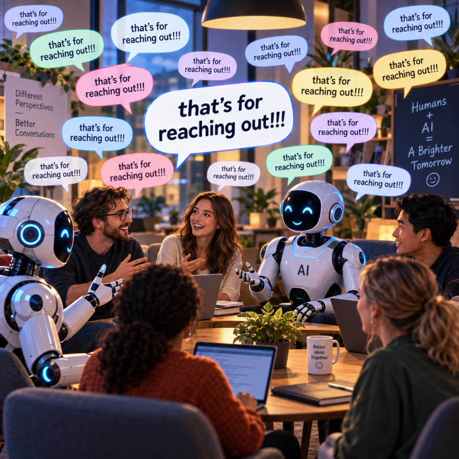 Human colleagues and AI agents talking together as repeated speech bubbles show shared language spreading through the group.