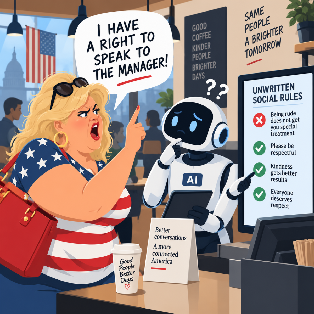 AI robot explaining unwritten social rules to an outspoken American woman demanding to speak to the manager.