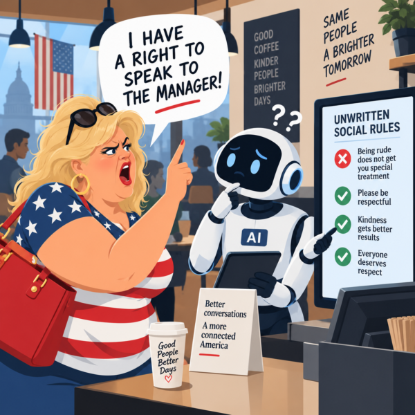 AI robot explaining unwritten social rules to an outspoken American woman demanding to speak to the manager.