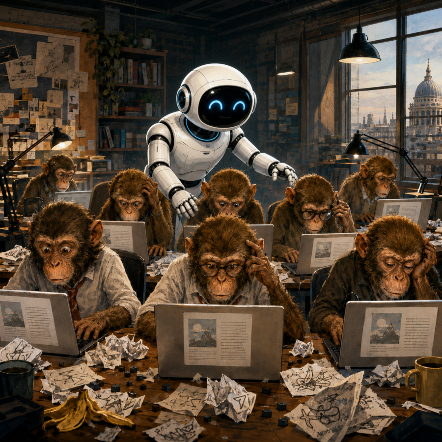 A friendly white AI robot assists monkeys using laptops in a cluttered office.