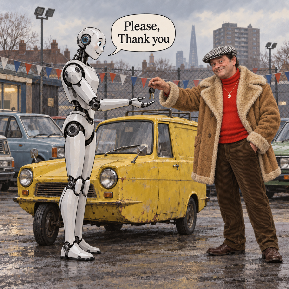 An AI android politely receives keys to a yellow three-wheeled van from Del Boy after negotiating the sale.