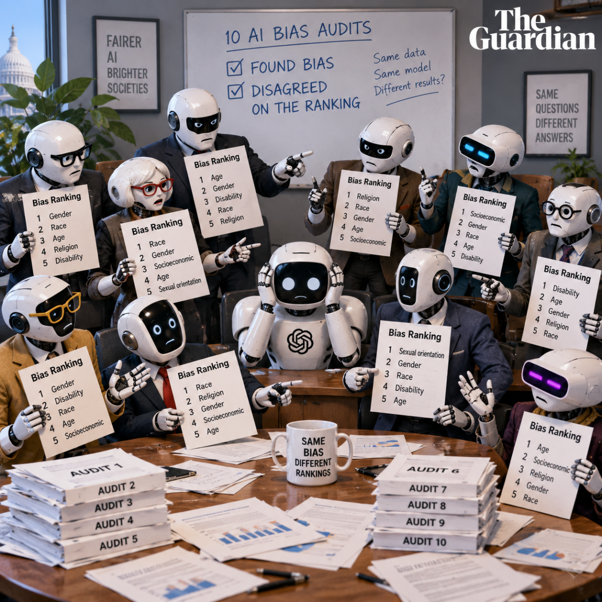 AI robots argue over conflicting bias rankings from ten different audits while a frustrated AI sits in the middle.