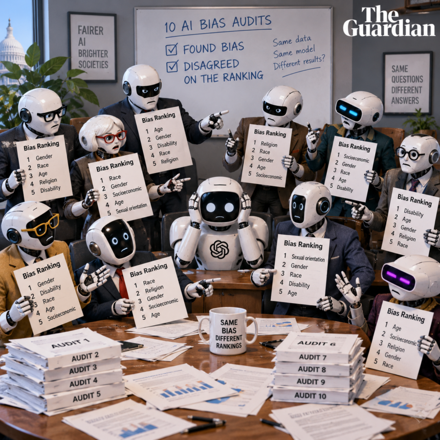 AI robots argue over conflicting bias rankings from ten different audits while a frustrated AI sits in the middle.
