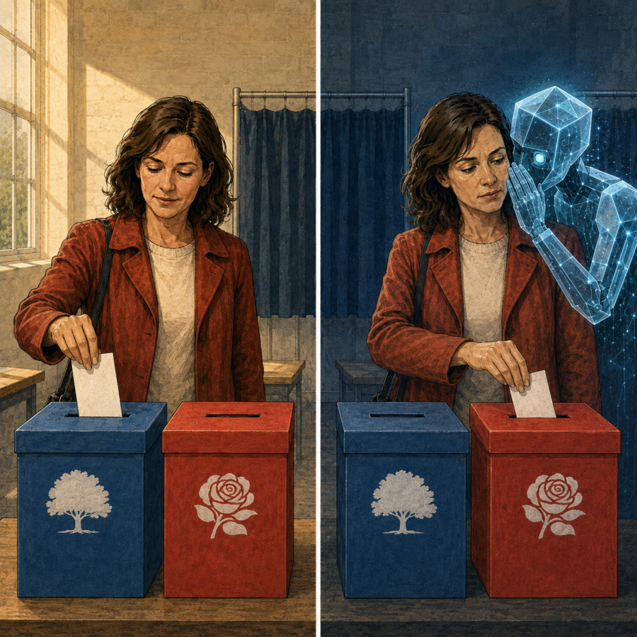 Split-screen illustration of a woman voting Conservative independently before an AI figure influences her to choose a Labour ballot box.
