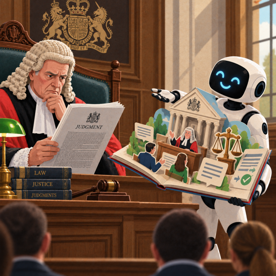AI robot presents a colourful pop-up book explaining a court judgment beside a British judge reading the original legal document.