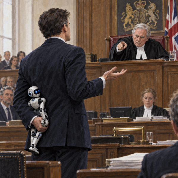 Solicitor hides an AI android behind his back as a judge points accusingly across a courtroom.