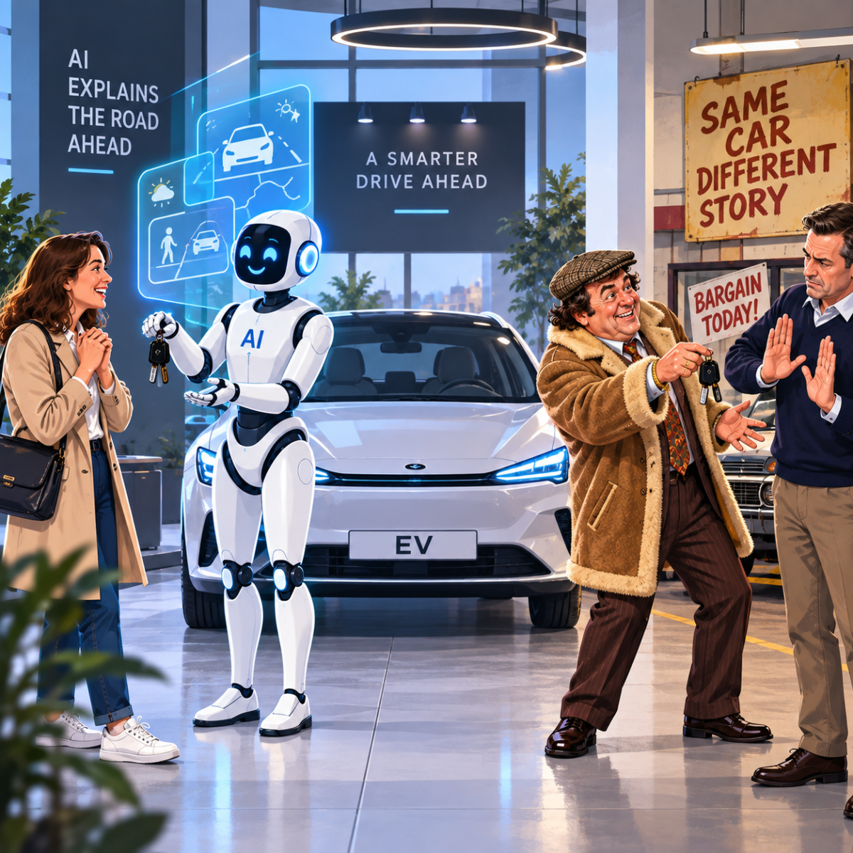 AI assistant explains a self-driving electric car to a potential buyer while another customer rejects an enthusiastic traditional car salesman.