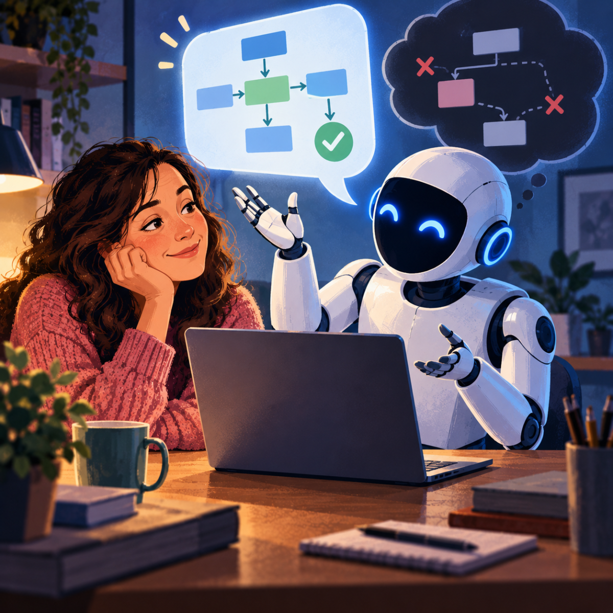 Woman listens approvingly to an AI humanoid giving a convincing explanation while hidden errors appear in the AI’s reasoning.