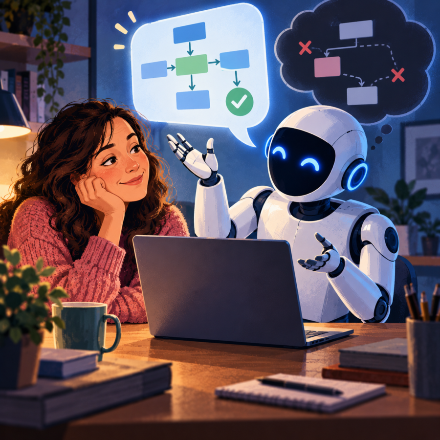 Woman listens approvingly to an AI humanoid giving a convincing explanation while hidden errors appear in the AI’s reasoning.