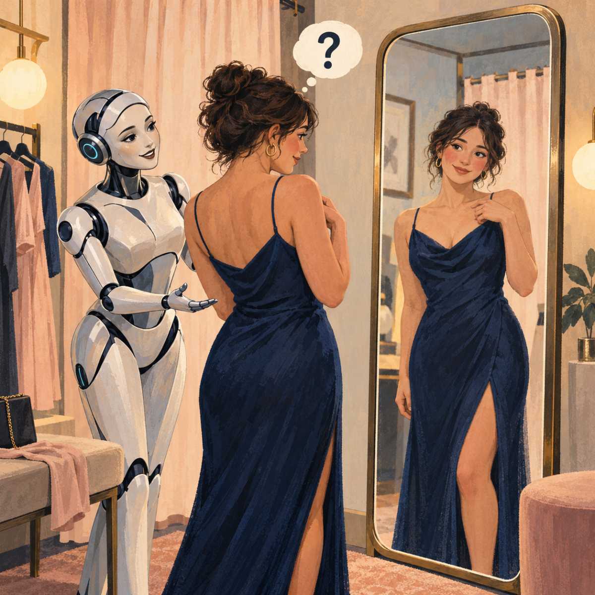 A woman tries on a navy dress as a friendly female AI humanoid compliments her, while a question mark above her shows doubt.