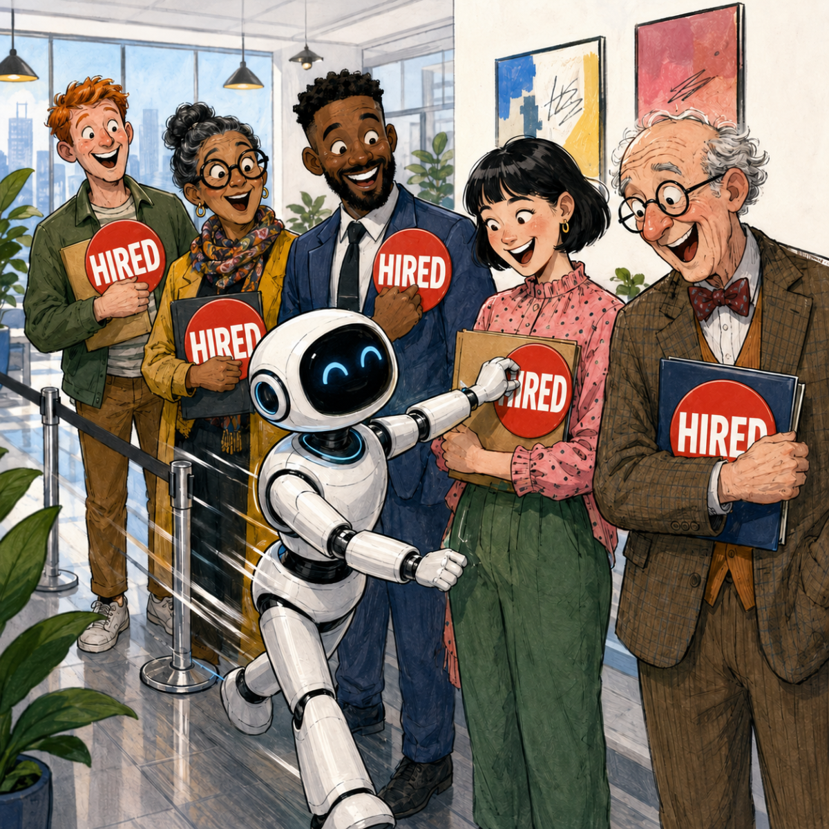 AI recruitment robot places large red “HIRED” stickers on five happy job candidates in a queue.